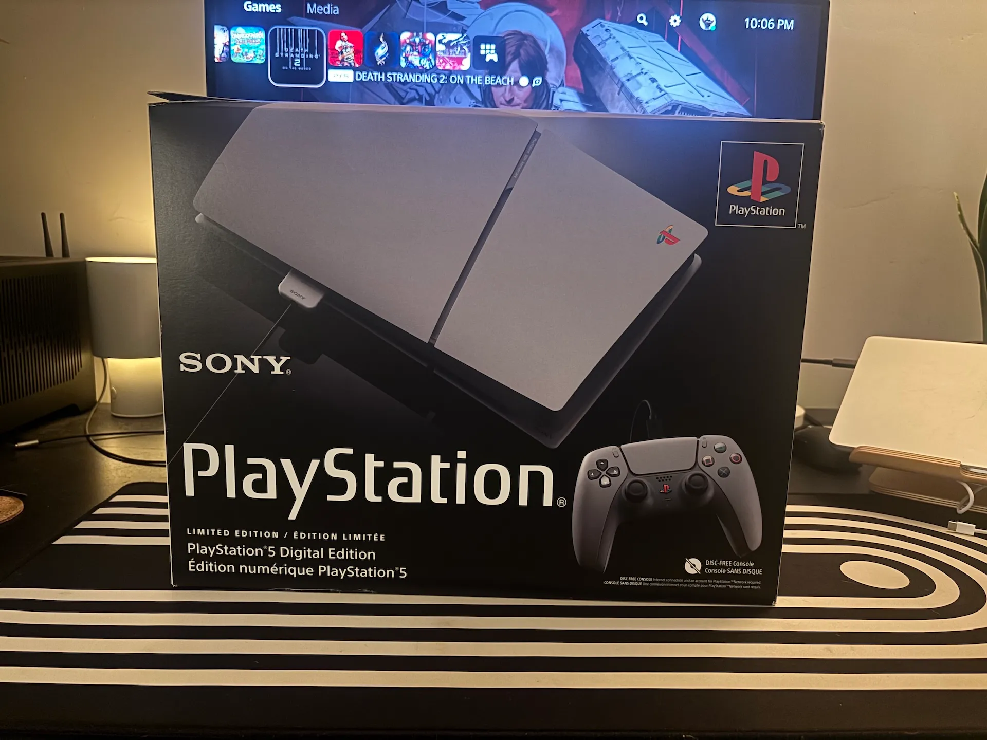30th Anniversary PS5 Slim Model Box. North American version on a desk